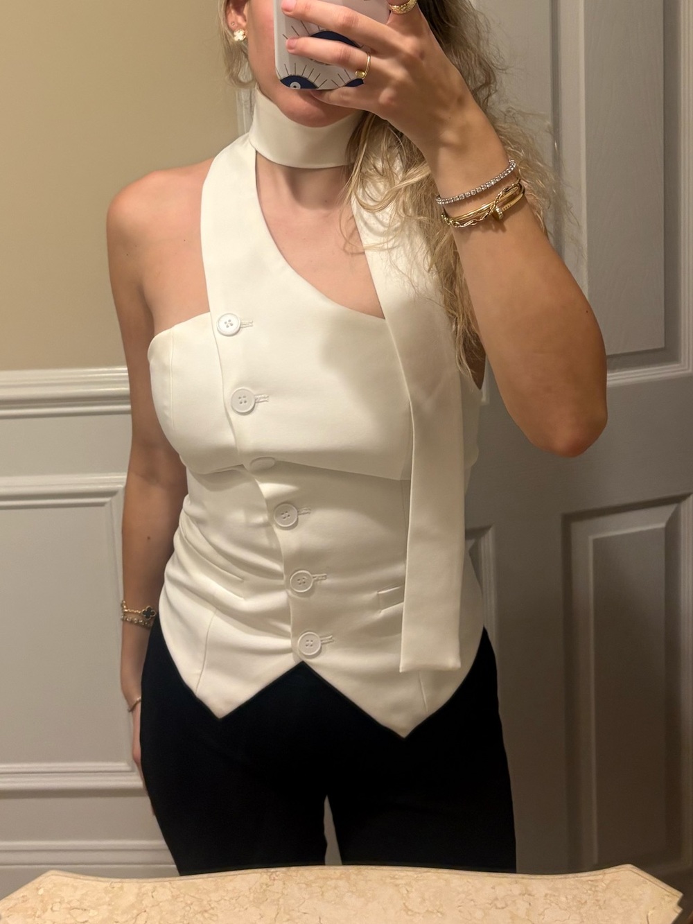 Fashion Nova White Asymmetric Halter Button Camisole